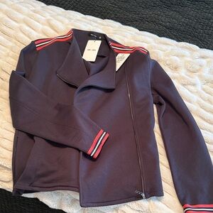 Chic Navy Utility Jacket with Red Stripes